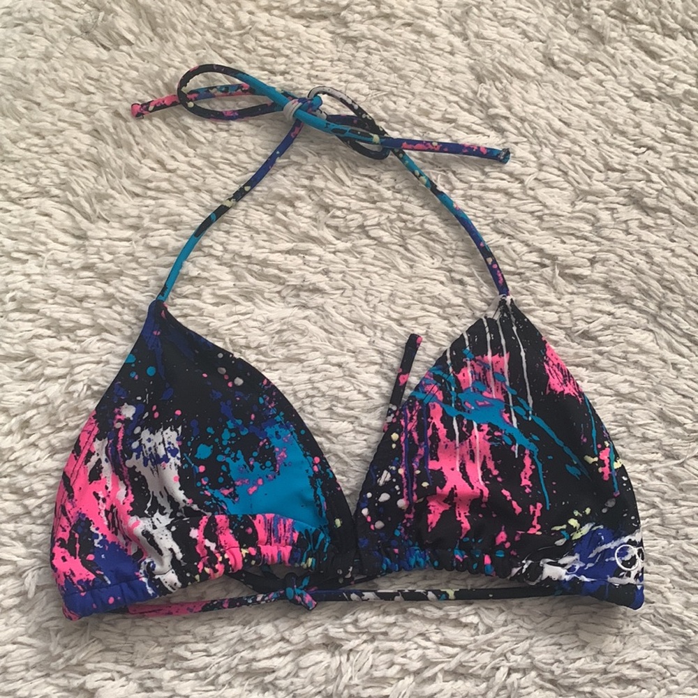 VINTAGE 80s 90s OP Black Splatter Print String Bikini Top
